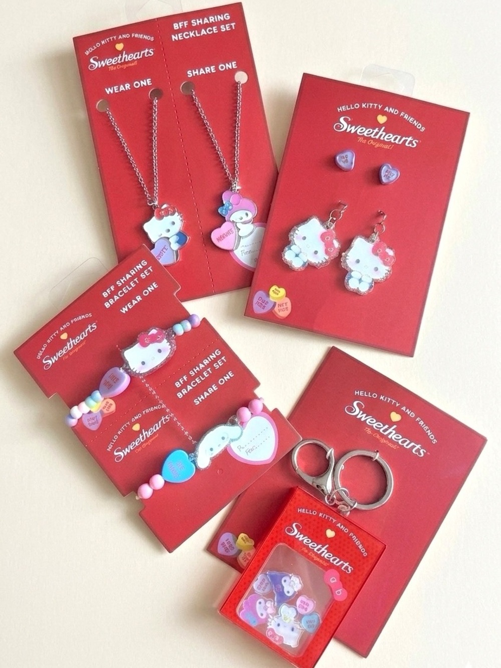 Hello Kitty x Sweethearts Conversation Hearts Jewelry and Keychain Bundle